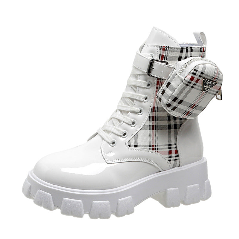 Women's fashionable plateau ankle boots with checkered textile insert, lacing, buckle strap and removable mini bag Mune Fashion