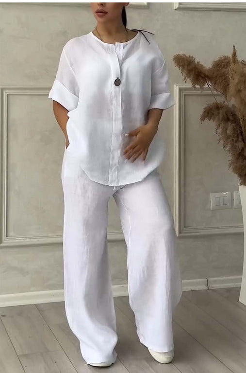 Women's casual linen relax set with wide pants and shirt blouse Mune Fashion