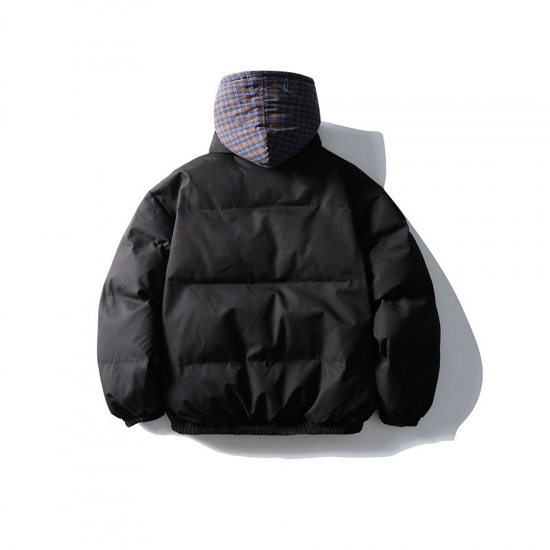 Unisex Padded Puffer Jacket in Boxy Cut with Checkered Insert Hood and High Stand-Up Collar Mune Fashion