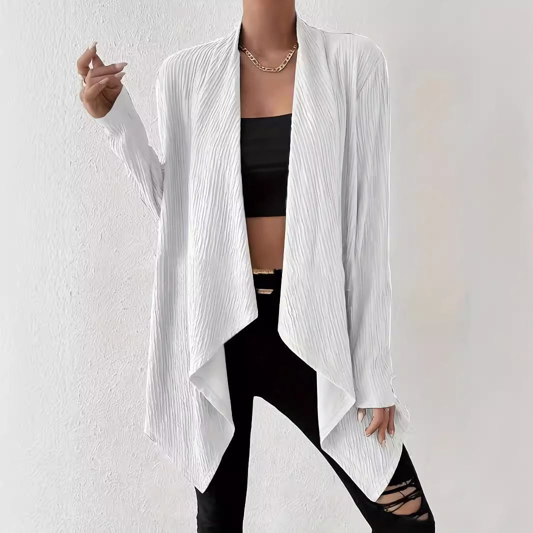 Women's Open Crinkle Cardigan with Waterfall Hem and Longline Silhouette Mune Fashion