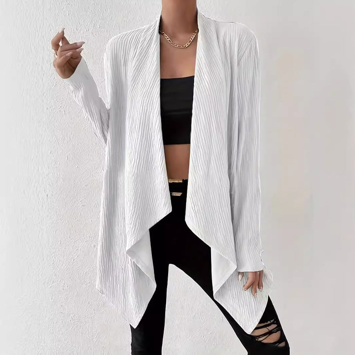 Women's Open Crinkle Cardigan with Waterfall Hem and Longline Silhouette Mune Fashion