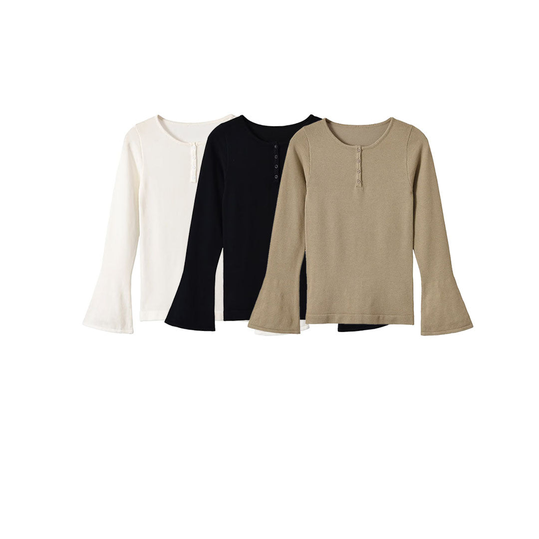 Women's fine knit long sleeve with Henley button placket and flared trumpet sleeves Mune Fashion