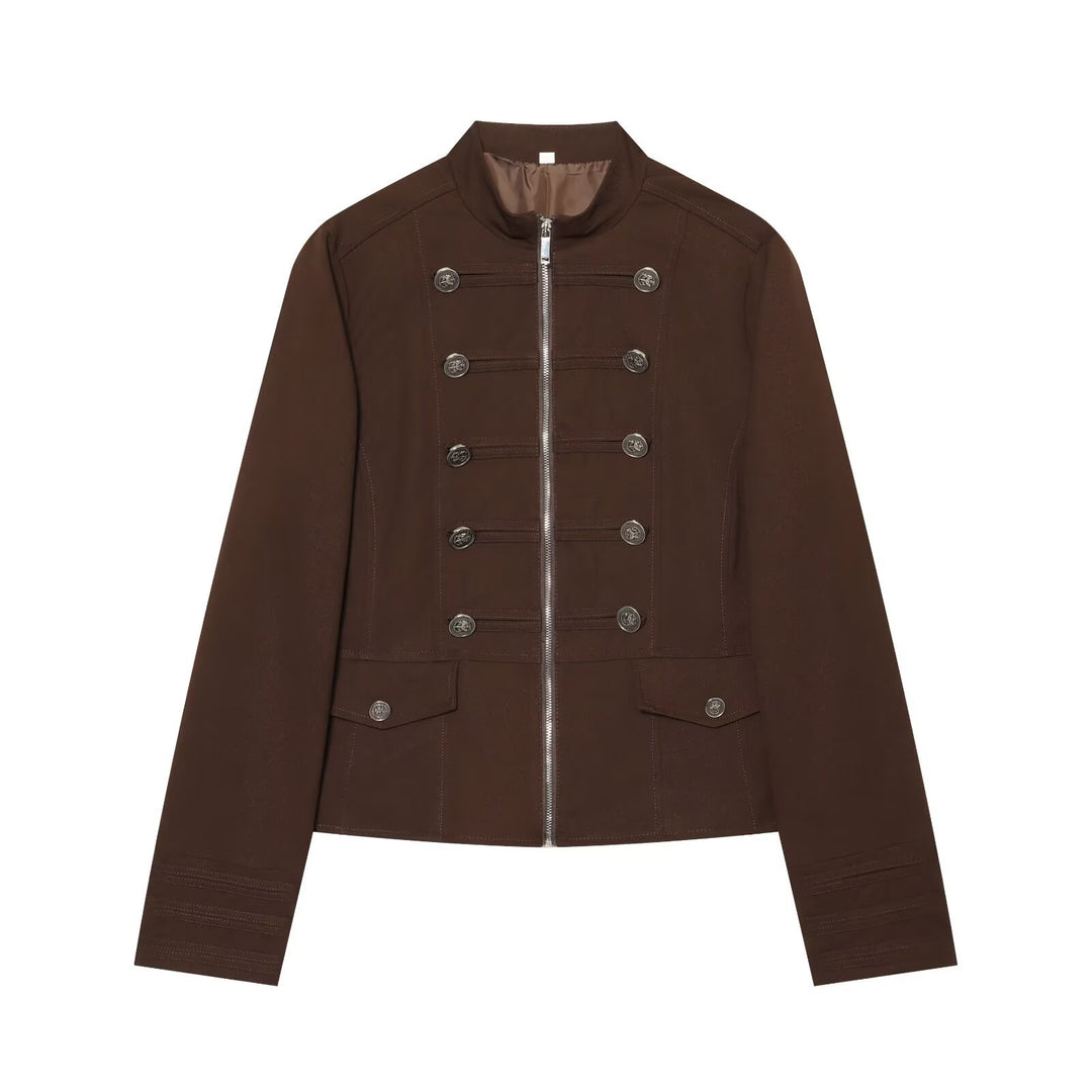 Women Short Military Inspired Jacket with Stand-Up Collar Double-Breasted Buttons and Zipper Mune Fashion