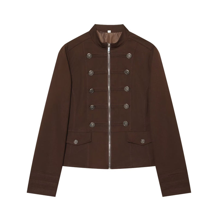 Women Short Military Inspired Jacket with Stand-Up Collar Double-Breasted Buttons and Zipper Mune Fashion