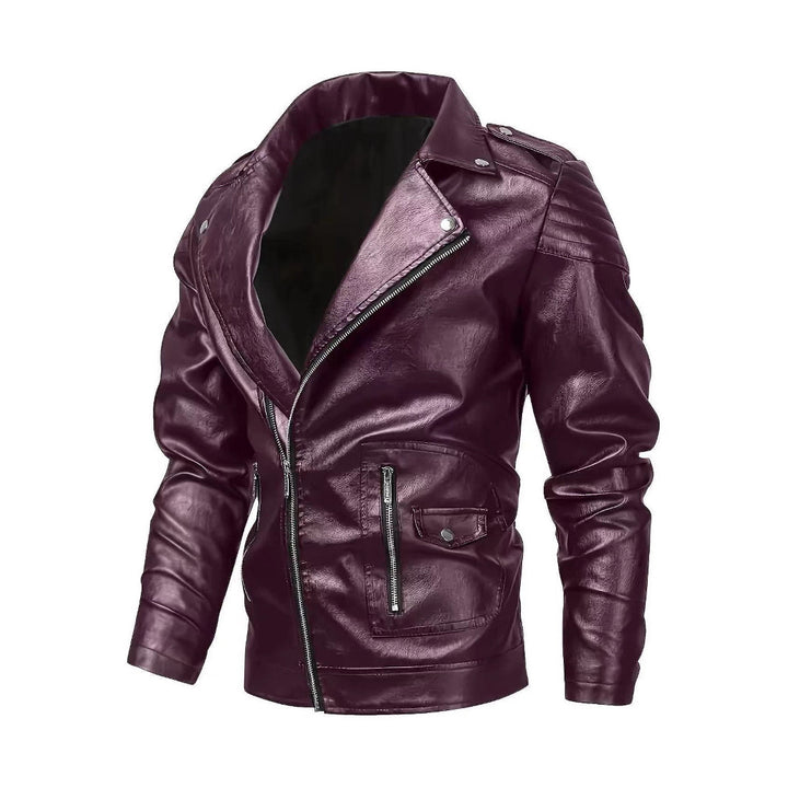 Men's biker jacket made of faux leather with asymmetrical zipper and padded shoulder inserts Mune Fashion