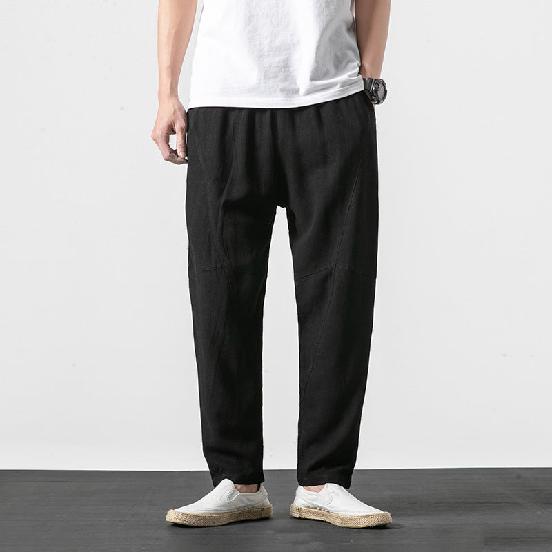 Men's Soft Linen Blend Lounge Pants with Dropped Crotch, Elastic Waistband, and Tapered Leg Mune Fashion