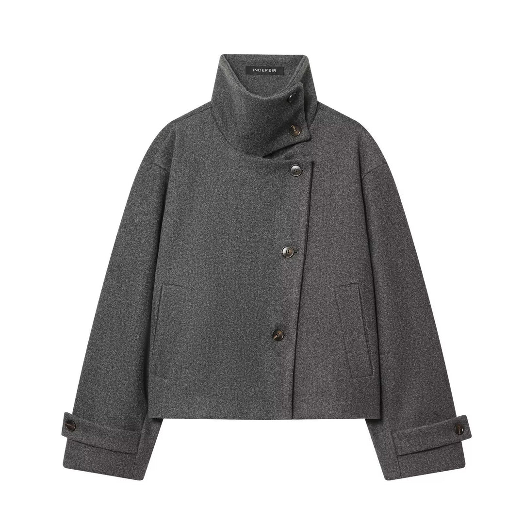 Women's Short Boxy Wool Coat with Asymmetrical Button Placket and Stand-up Collar Mune Fashion