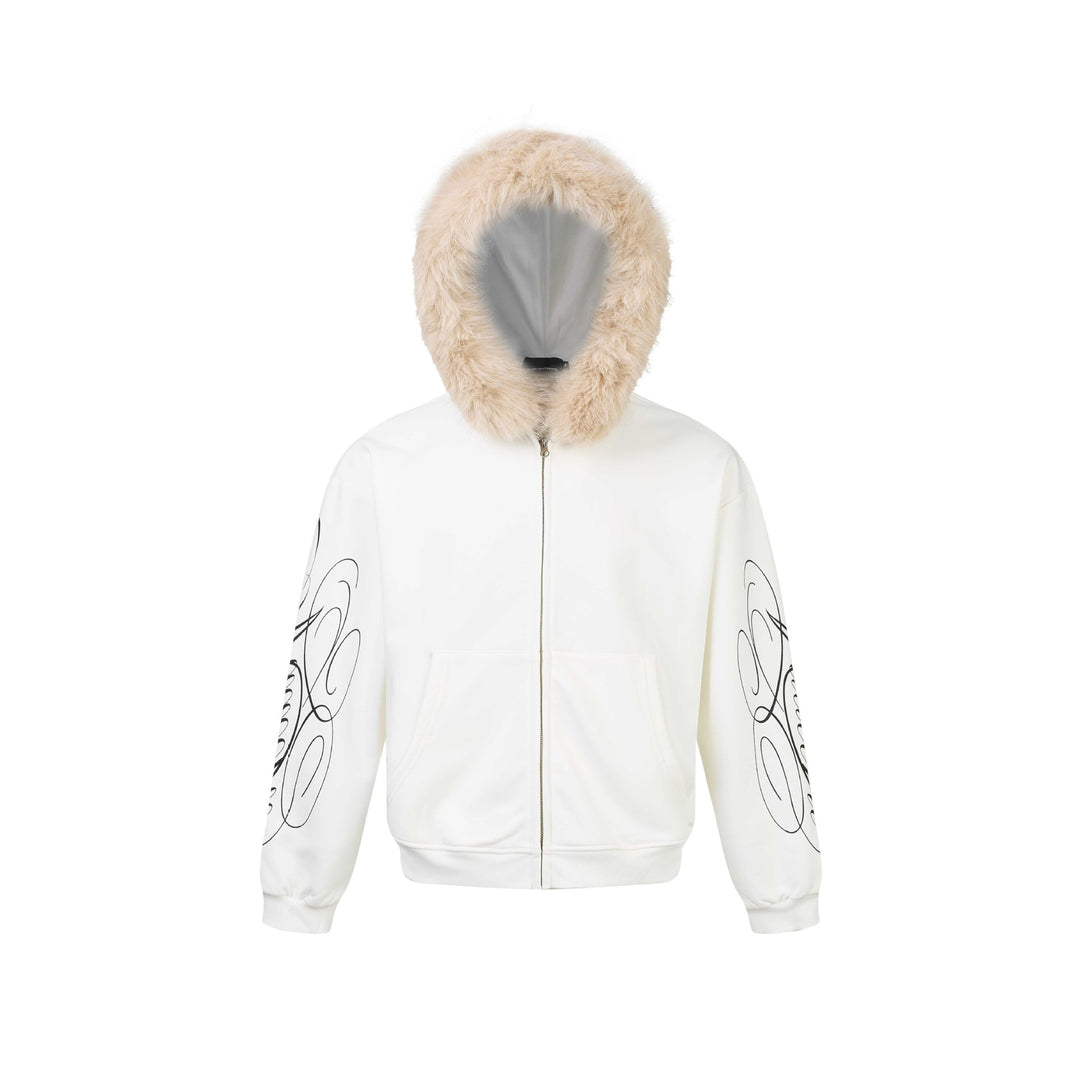 Unisex Oversize Hoodie Jacket made of cotton blend with removable faux fur trim and graphic sleeve prints Mune Fashion