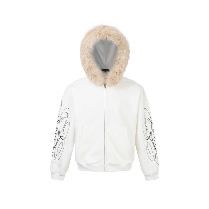 Unisex Oversize Hoodie Jacket made of cotton blend with removable faux fur trim and graphic sleeve prints Mune Fashion