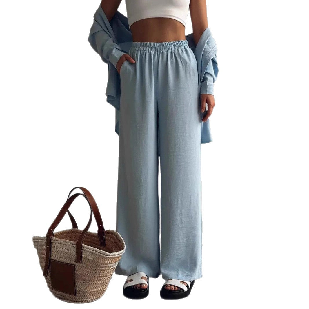 Women Two-Piece Lounge Set Oversize Blouse with Chest Pocket and Wide Palazzo Pants Mune Fashion