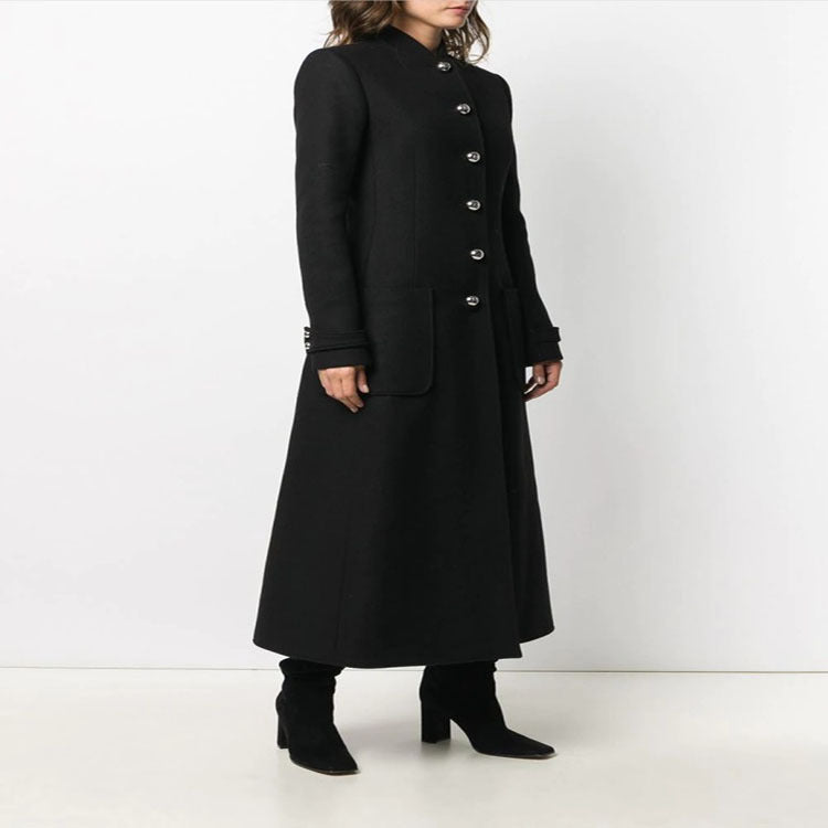 Women's Ankle-Length Tailored Wool Blend Coat with Stand-Up Collar and Decorative Button Placket Mune Fashion