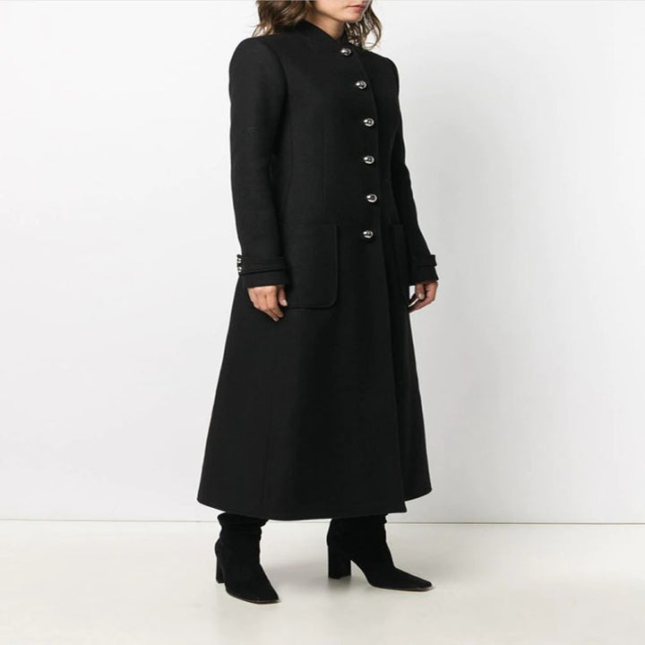 Women's Ankle-Length Tailored Wool Blend Coat with Stand-Up Collar and Decorative Button Placket Mune Fashion