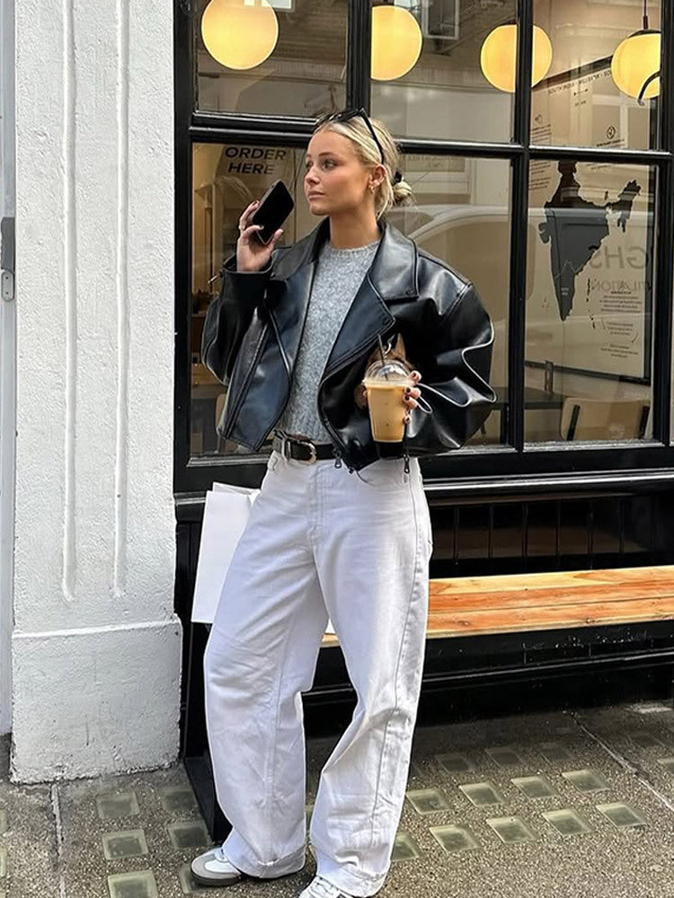 Women's Cropped Boxy Biker Jacket made of Faux Leather with Distinctive Shoulder Area and Boxy Silhouette Mune Fashion