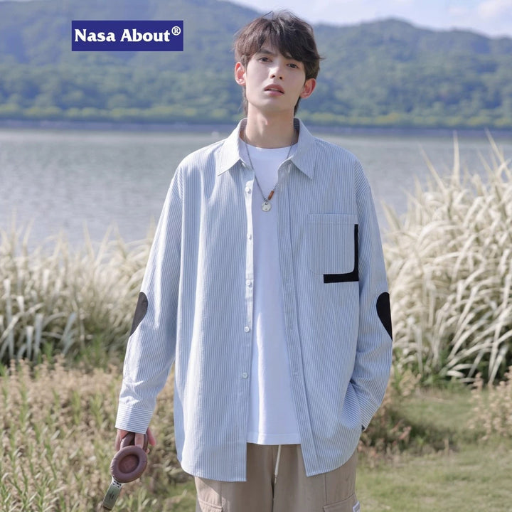 Men's oversized shirt with fine pinstripe, contrast pocket, and elbow patches Mune Fashion