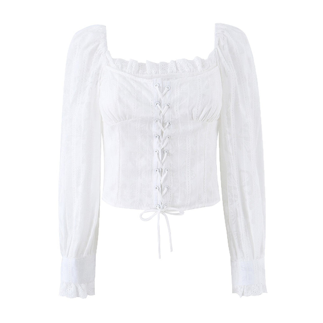 Ladies corset top in broderie look with lacing and puff sleeves Mune Fashion