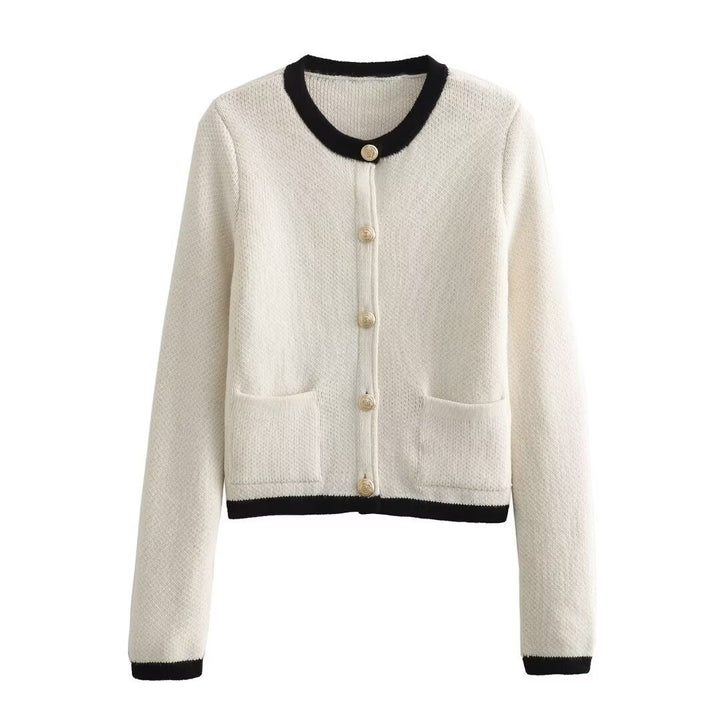 Women Cropped Boucle Cardigan with Round Neck, Flap Pockets and Coin Buttons Mune Fashion