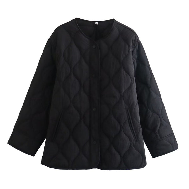 Women Padded Quilted Jacket in Boxy Cut with Round Neckline Mune Fashion