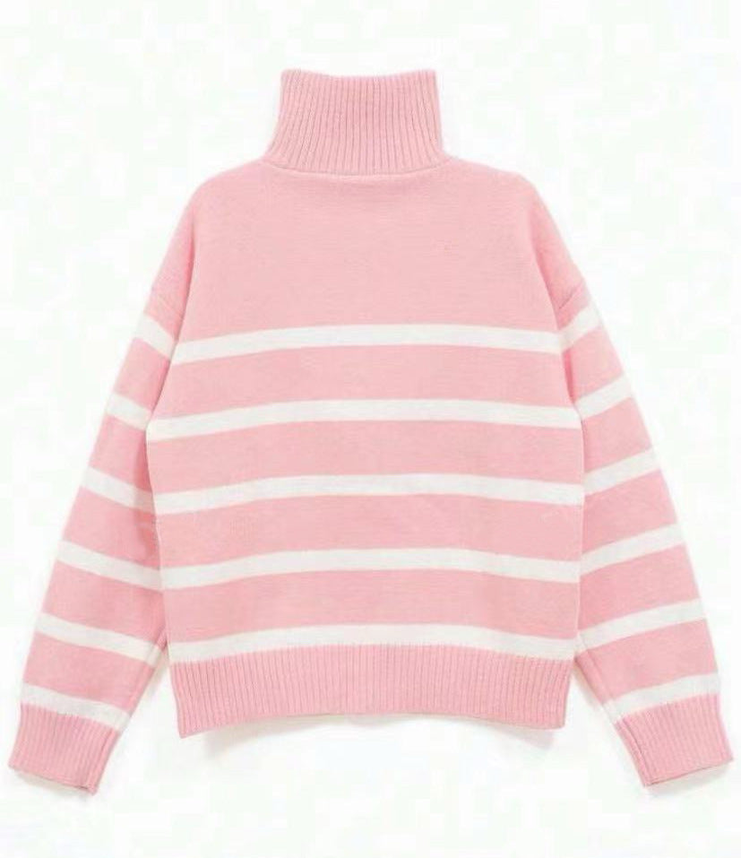 Women's Striped Half-Zip Knit Sweater with Ribbed Collar Mune Fashion