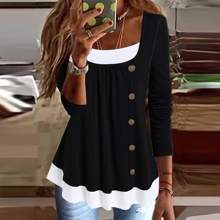Women Long Sleeve Tunic with Decorative Button Placket and Layered Look Mune Fashion