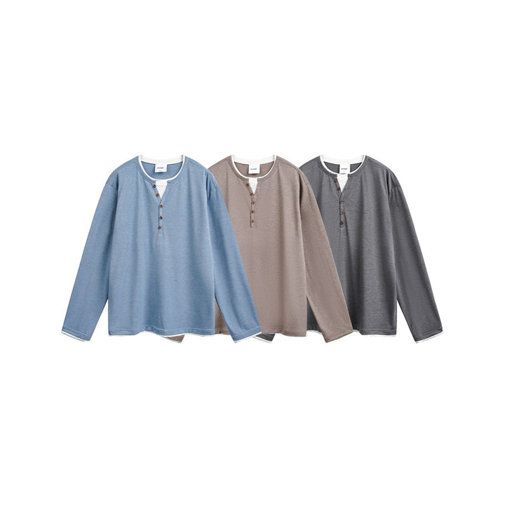 Unisex cotton blend henley shirt with double-layer collar and wooden button placket Mune Fashion