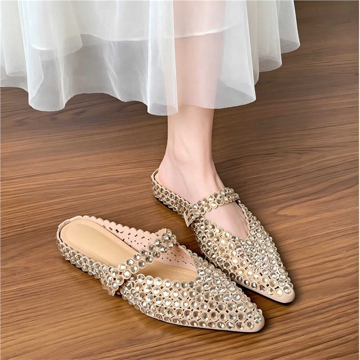 Women pointed toe Mule with sparkling crystal applications and strap Mune Fashion