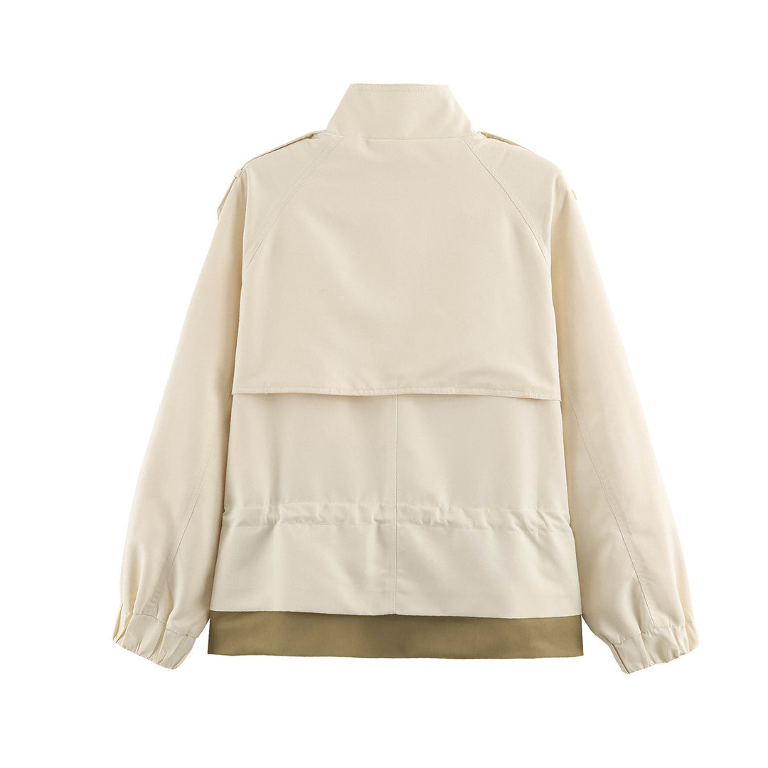Women's 10+ Short Utility Jacket with Waist Gathering, Stand Collar, and Shoulder Epaulets Drune