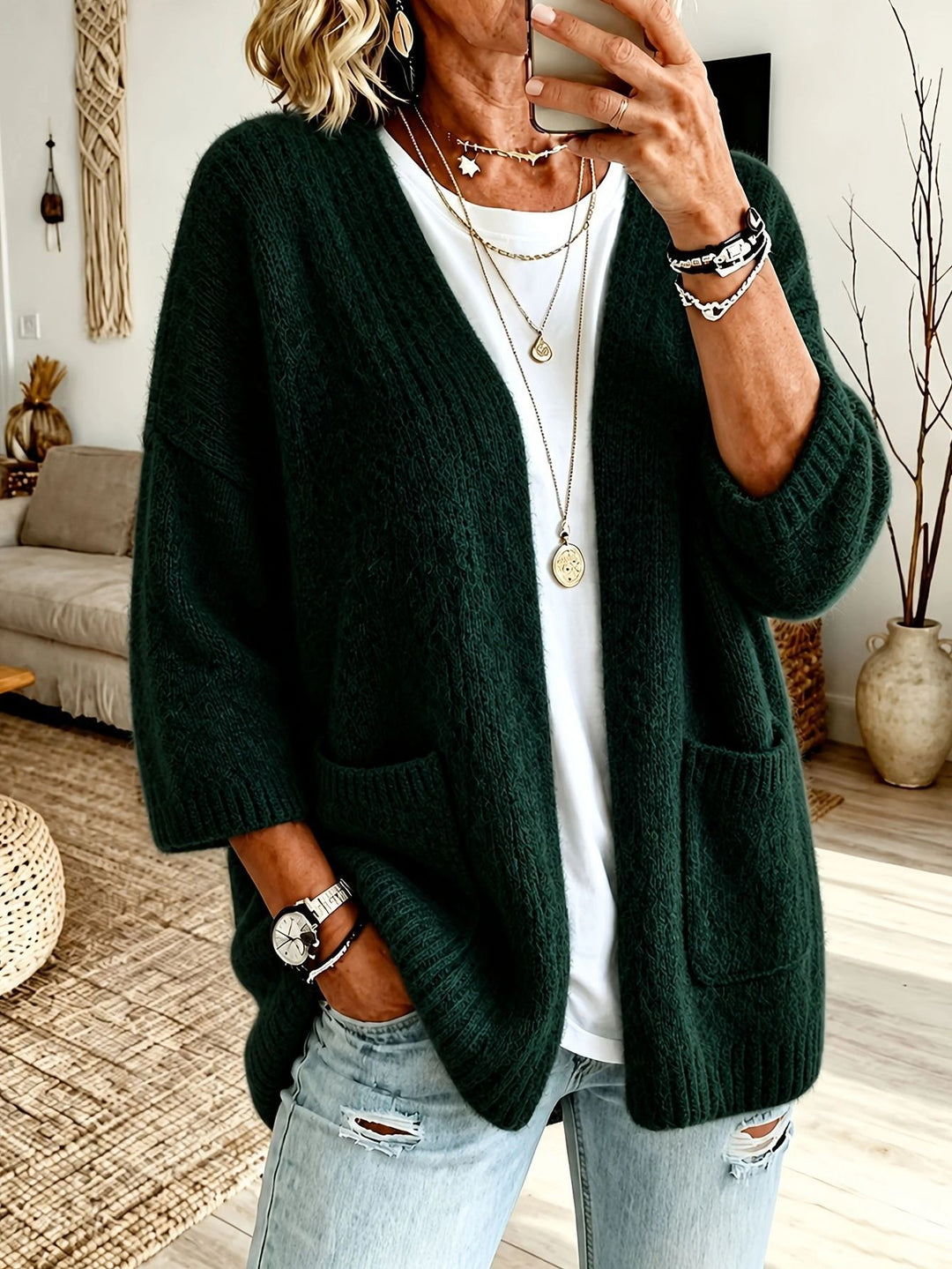 Women's Open Long Cardigan in Mohair Look with Patch Pockets and Dropped Shoulder Mune Fashion
