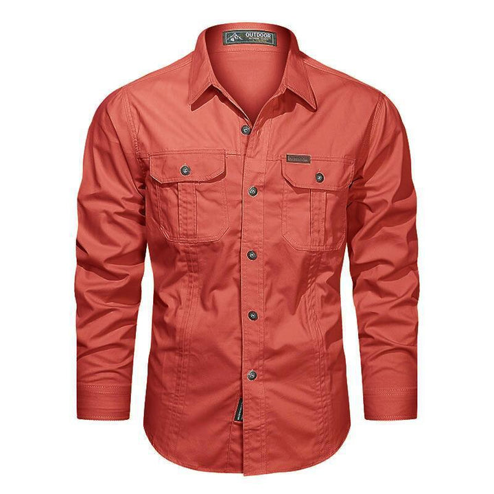 Men's rugged canvas shirt with double chest pockets and reinforced seams.