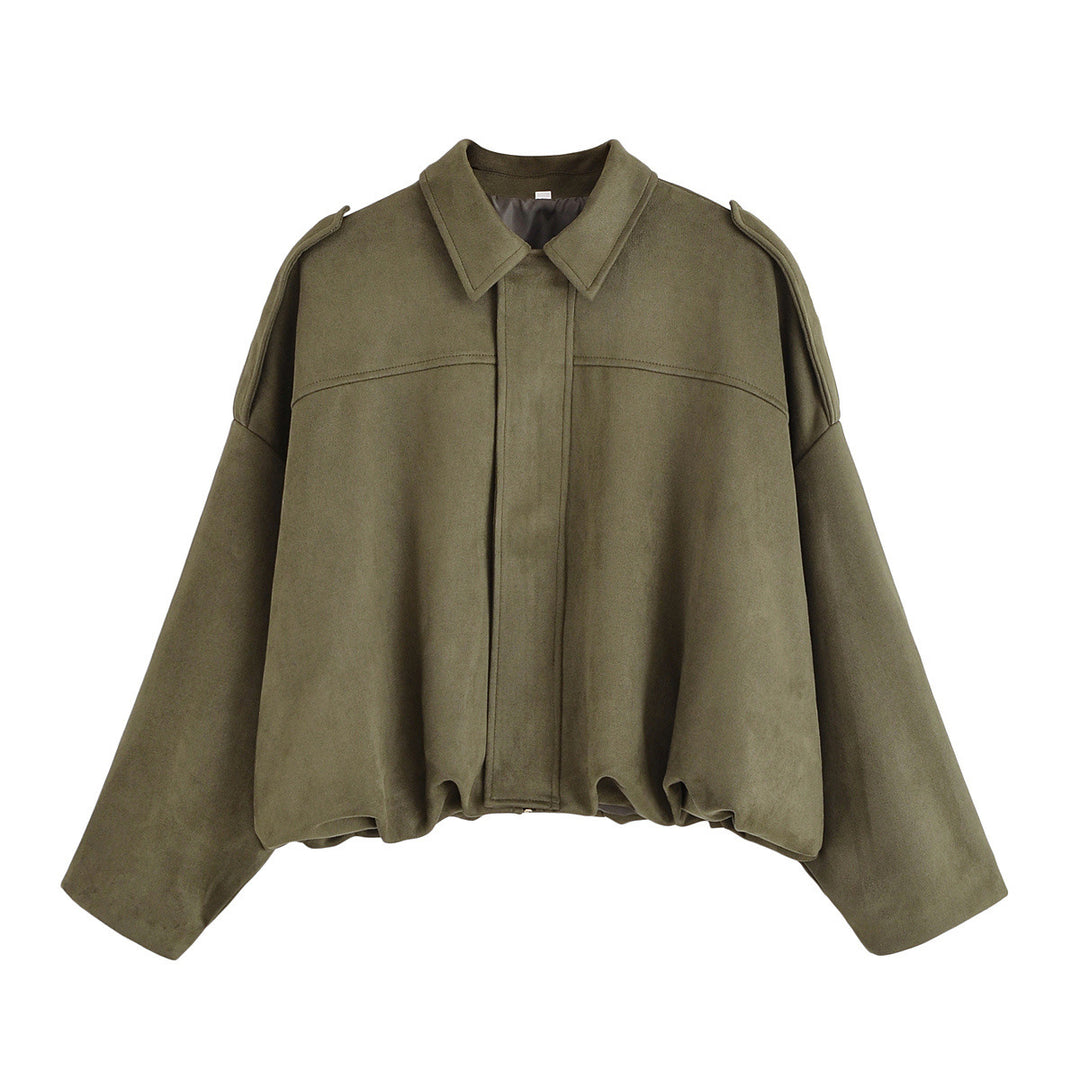 Ladies Oversized Suede Jacket with Shoulder Flaps, Concealed Button Placket and Elastic Hem Mune Fashion