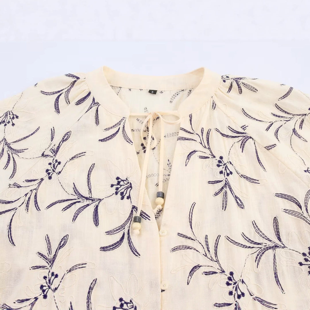Women Lightweight Cotton Tunic with Embroidery, Tie Belt and Balloon Sleeves Mune Fashion