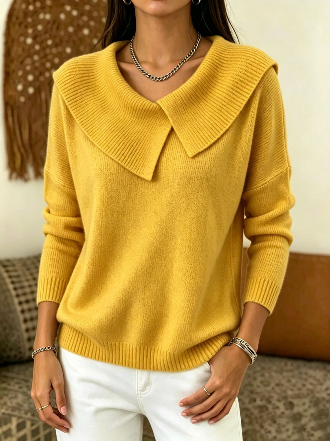 Women Oversized Turtleneck Sweater with Asymmetric Shawl Collar Mune Fashion