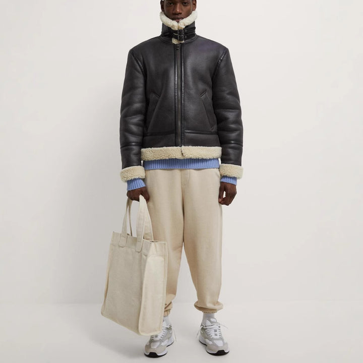 Men's short jacket made of artificial leather with teddy lining and lapel collar Mune Fashion