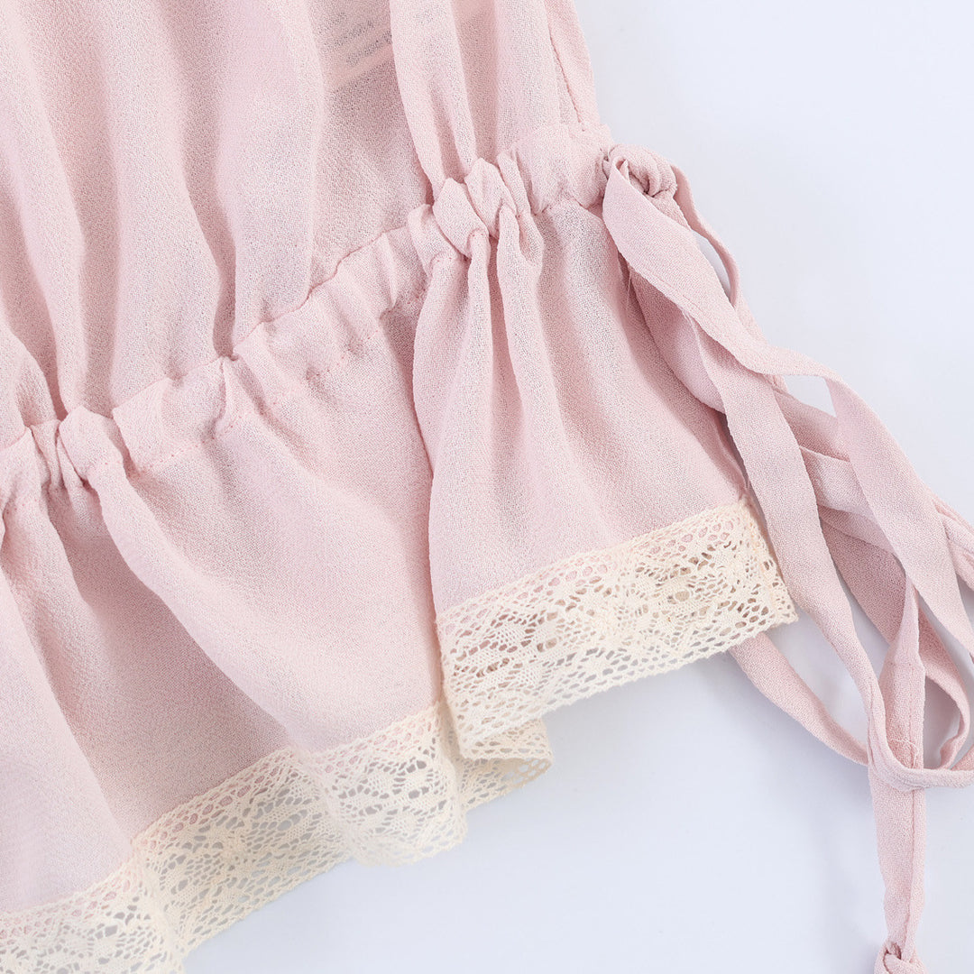 Women's Ruffled Blouse with V-Neck, Balloon Sleeves and Tunnel Drawstring Waist Mune Fashion