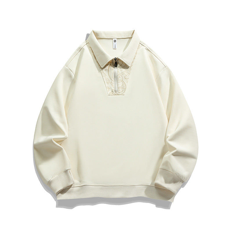 Men's Loose Sweatshirt with Polo Collar, Half Zipper and Paisley Trimming Mune Fashion