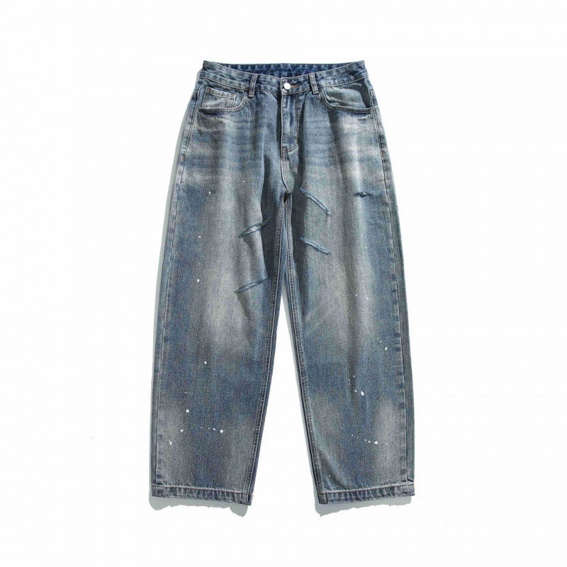 Unisex Loose Vintage Denim Jeans with Destroy Details and Paint Splatter Mune Fashion