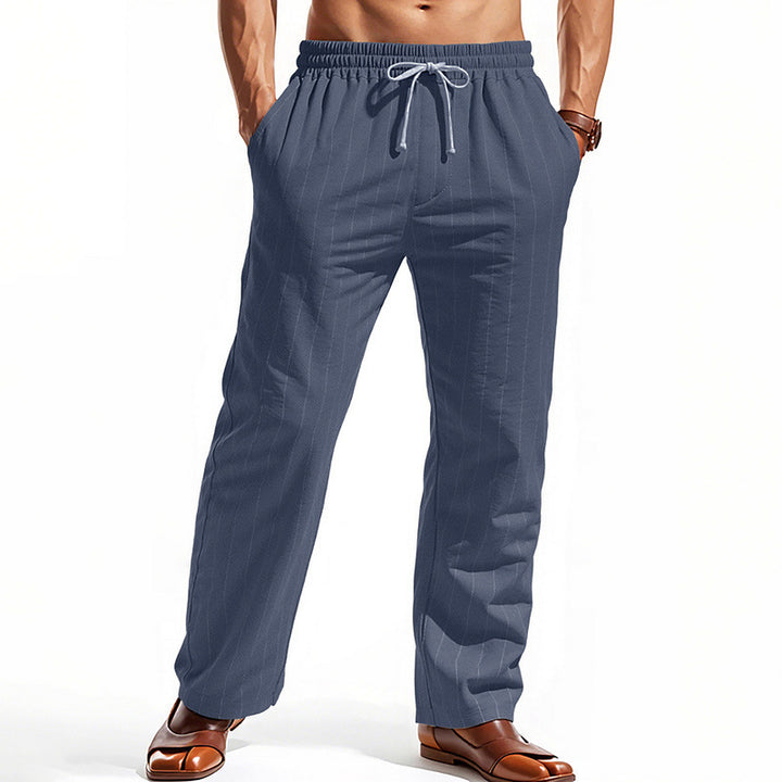 Men's Casual Pinstripe Leisure Pants with Elastic Drawstring Waist, Side Pockets, and Straight Leg Mune Fashion