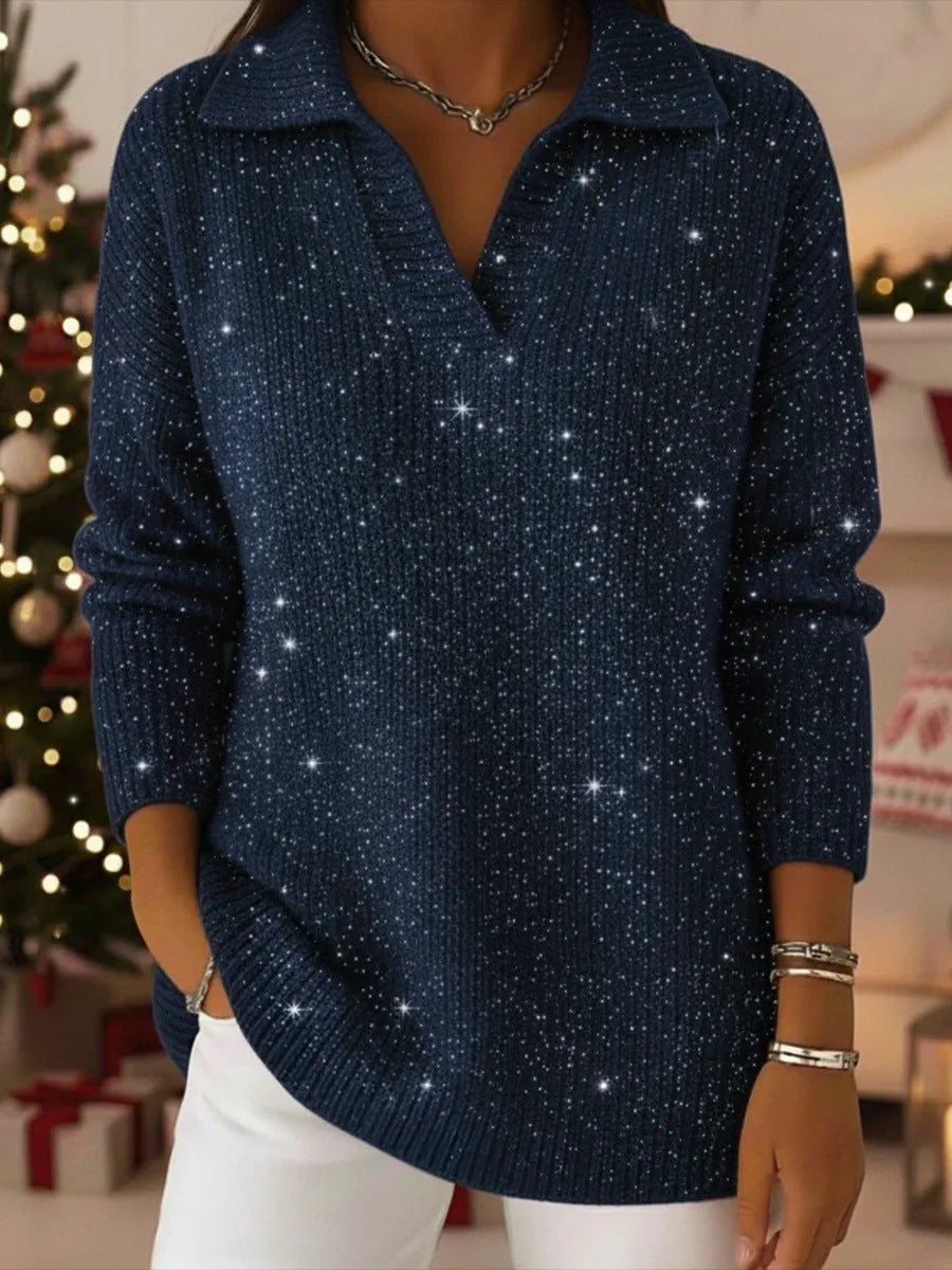 Women Elegant V-Pullover with Shiny Accents