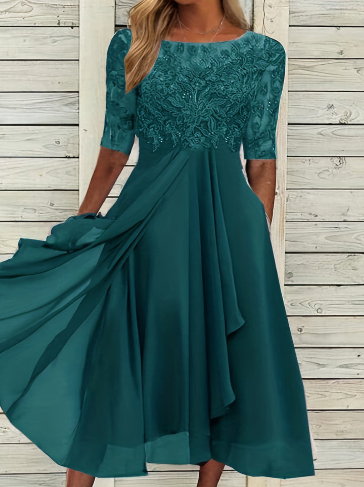 Ladies' elegant cocktail dress with embroidered corset, boat neckline and flowing chiffon skirt Mune Fashion