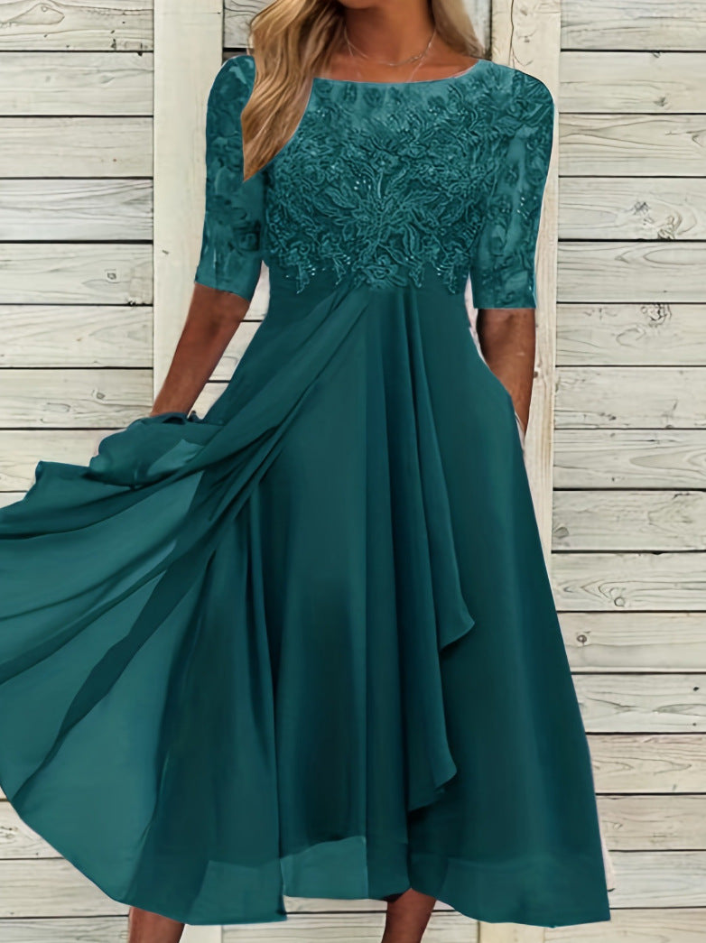 Women's elegant chiffon midi dress with embroidered lace top and three-quarter sleeves Mune Fashion