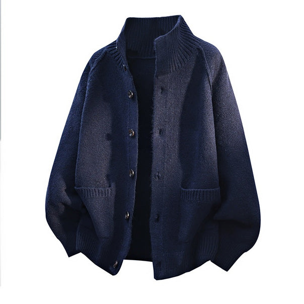Men's chunky knit oversized cardigan with high ribbed collar & patch pockets Mune Fashion