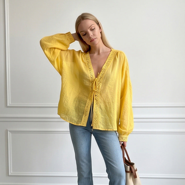 Women's Light V-Neck Lace Blouse with Tie, Pearl Detail & Volume Sleeves Mune Fashion