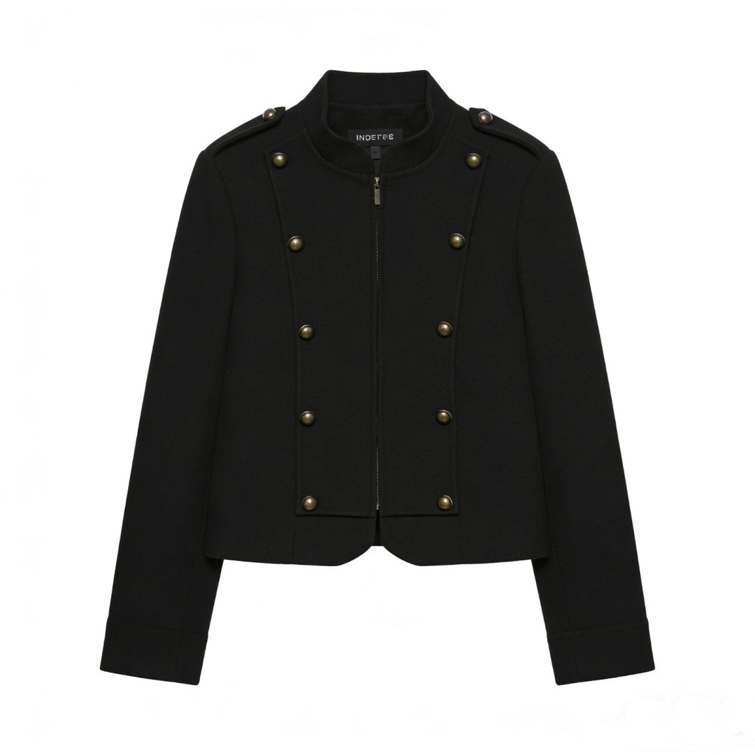 Women's short jacket in military style with stand-up collar, decorative button placket and fine pinstripe Mune Fashion