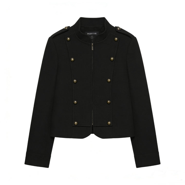 Women's short jacket in military style with stand-up collar, decorative button placket and fine pinstripe Mune Fashion
