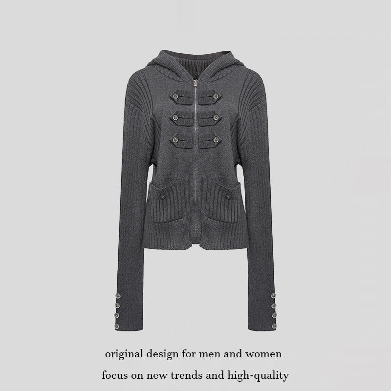 Women's ribbed hooded cardigan with zipper, decorative button placket and patch pockets Mune Fashion