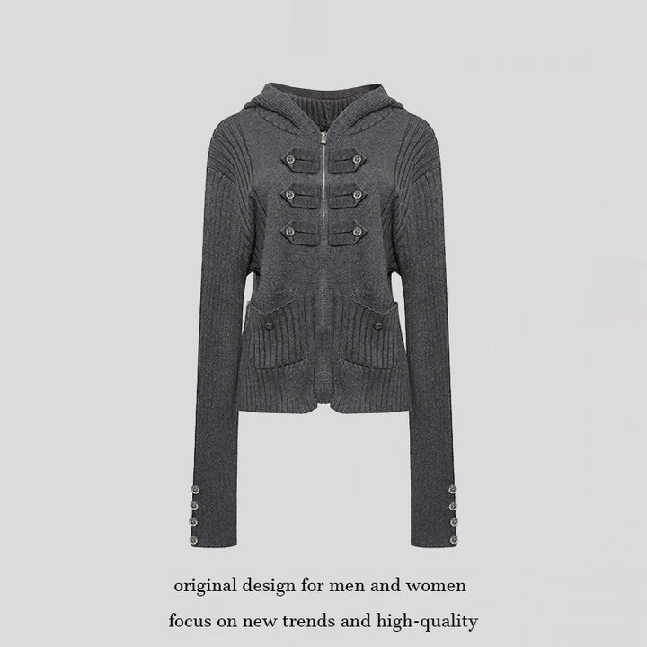 Women's ribbed hooded cardigan with zipper, decorative button placket and patch pockets Mune Fashion