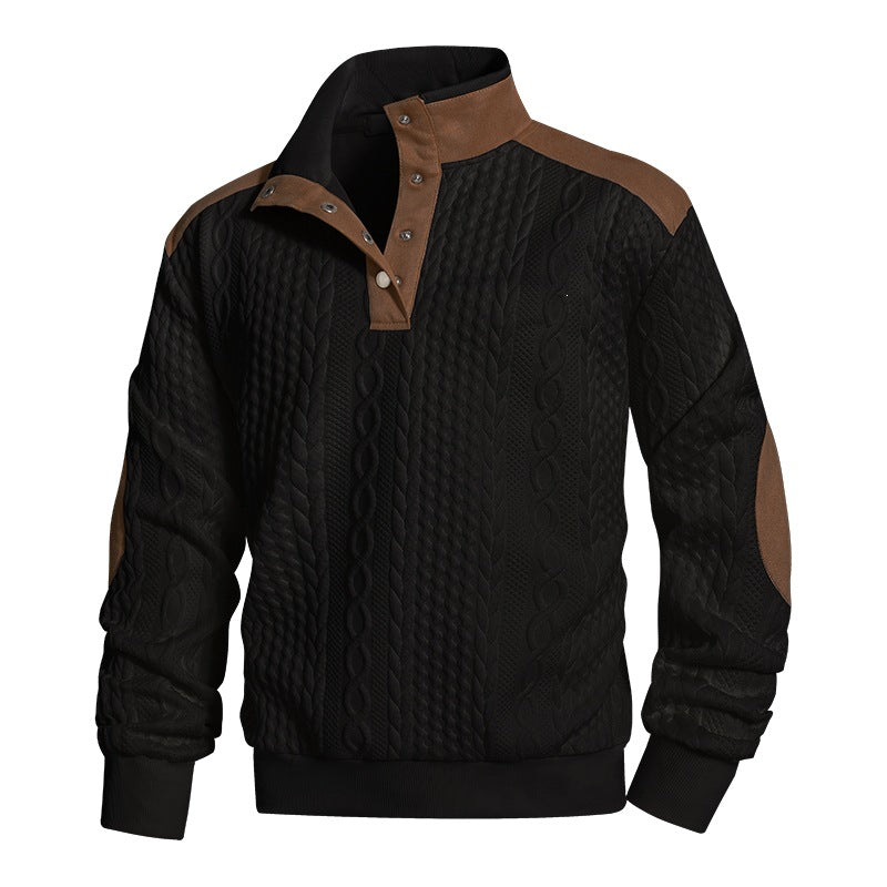 Men's knitted sweater with cable pattern, stand-up collar and contrast shoulder & elbow patches Mune Fashion