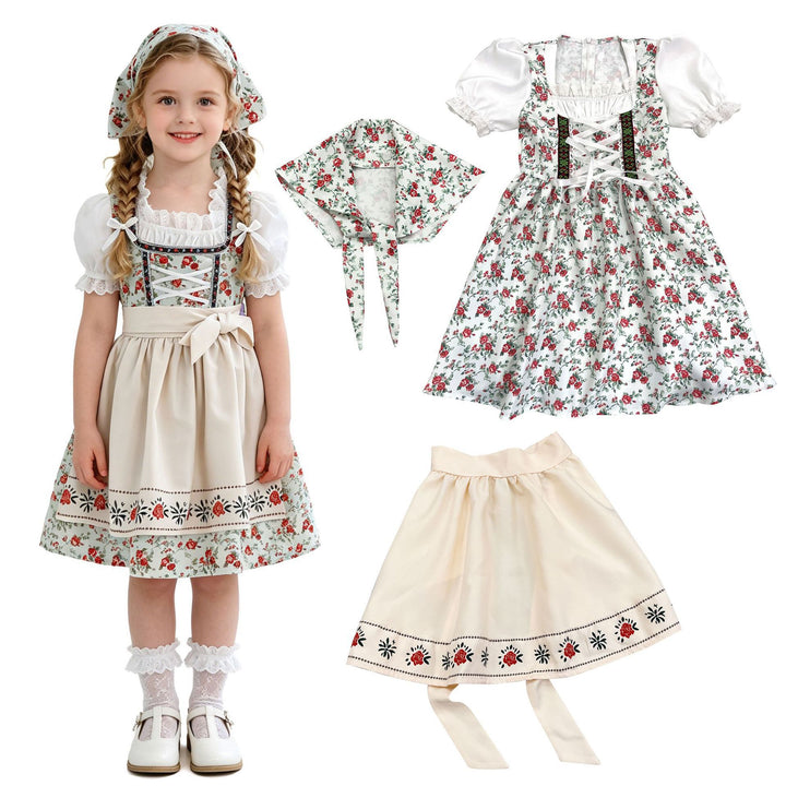 Ladies' and Children's dirndl traditional dress with lace blouse, apron, and headscarf Mune Fashion