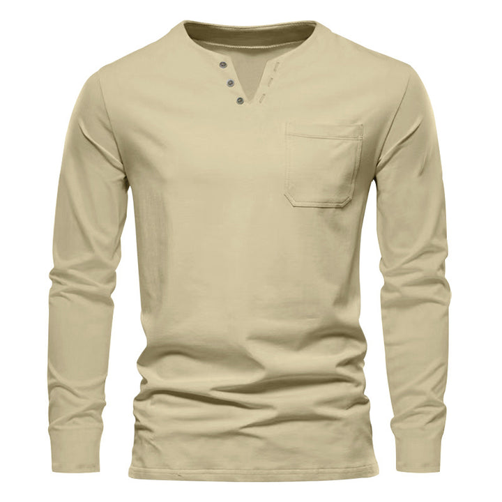 Men's modern Henley long sleeve shirt with asymmetric button placket and chest pocket Mune Fashion