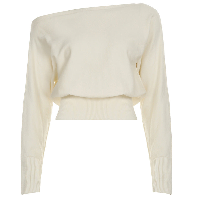 Women's off-the-shoulder cropped fine knit sweater with wide boat neckline and elastic ribbed hem Mune Fashion
