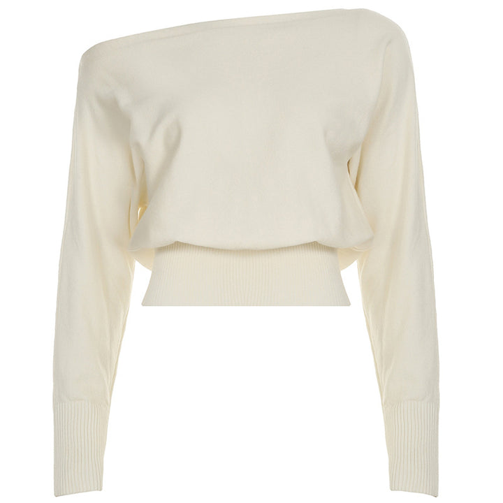 Women's off-the-shoulder cropped fine knit sweater with wide boat neckline and elastic ribbed hem Mune Fashion